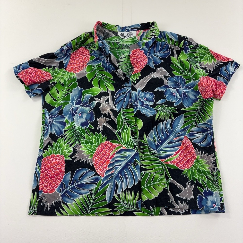 Vintage Hilo Hattie Shirt Womens Large Pineapple Hawaiian Cotton Button-Up